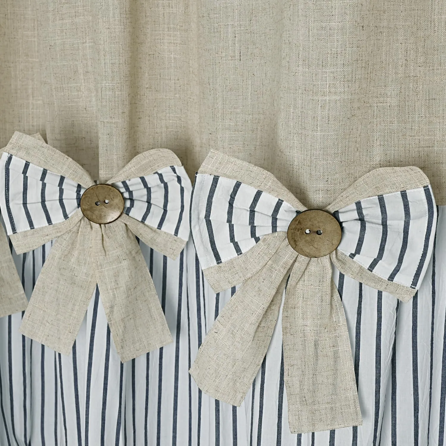 Linen Button Farmhouse Beige Shower Curtain,Bowknot,Linen and Cotton Woven Fabric,Pleated Blue Stripe,Country Style,72x72 in