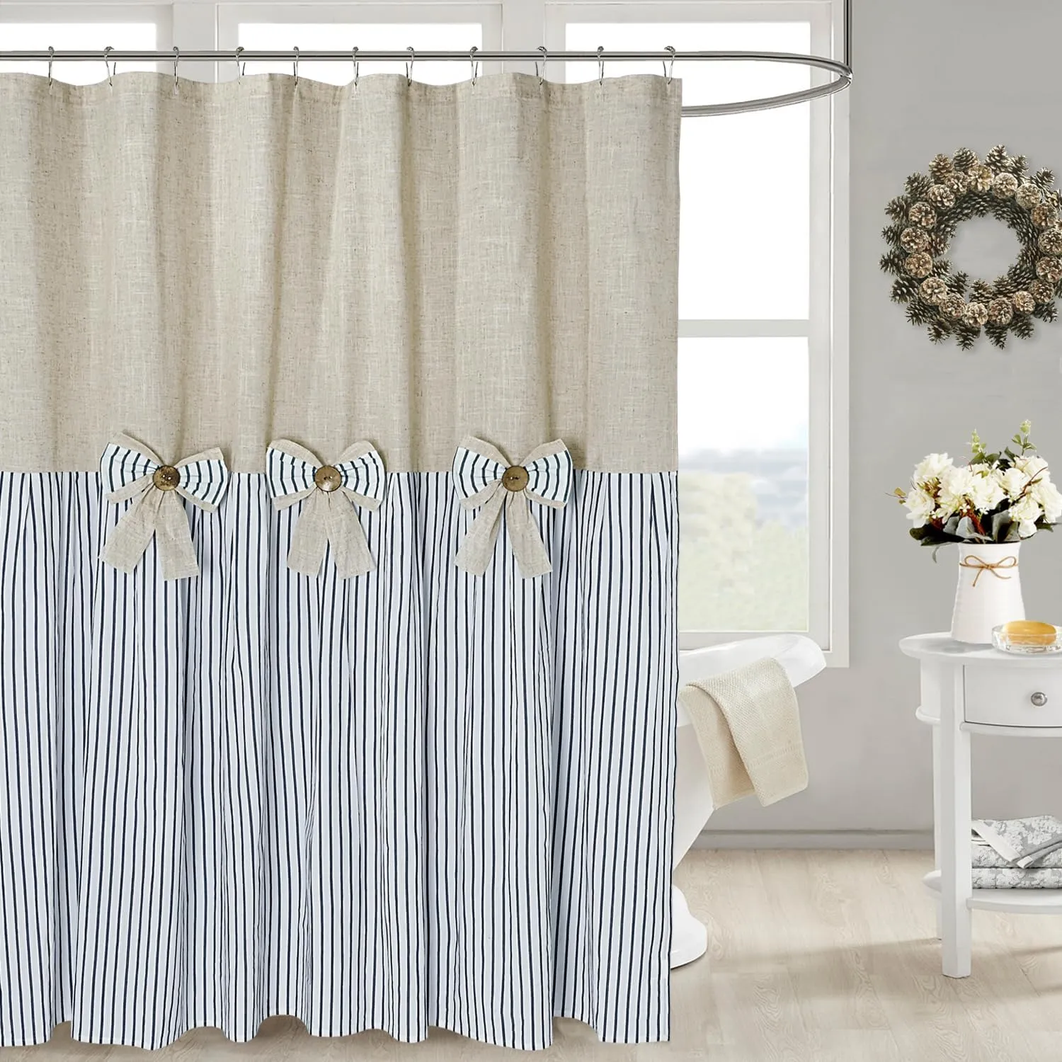 Linen Button Farmhouse Beige Shower Curtain,Bowknot,Linen and Cotton Woven Fabric,Pleated Blue Stripe,Country Style,72x72 in