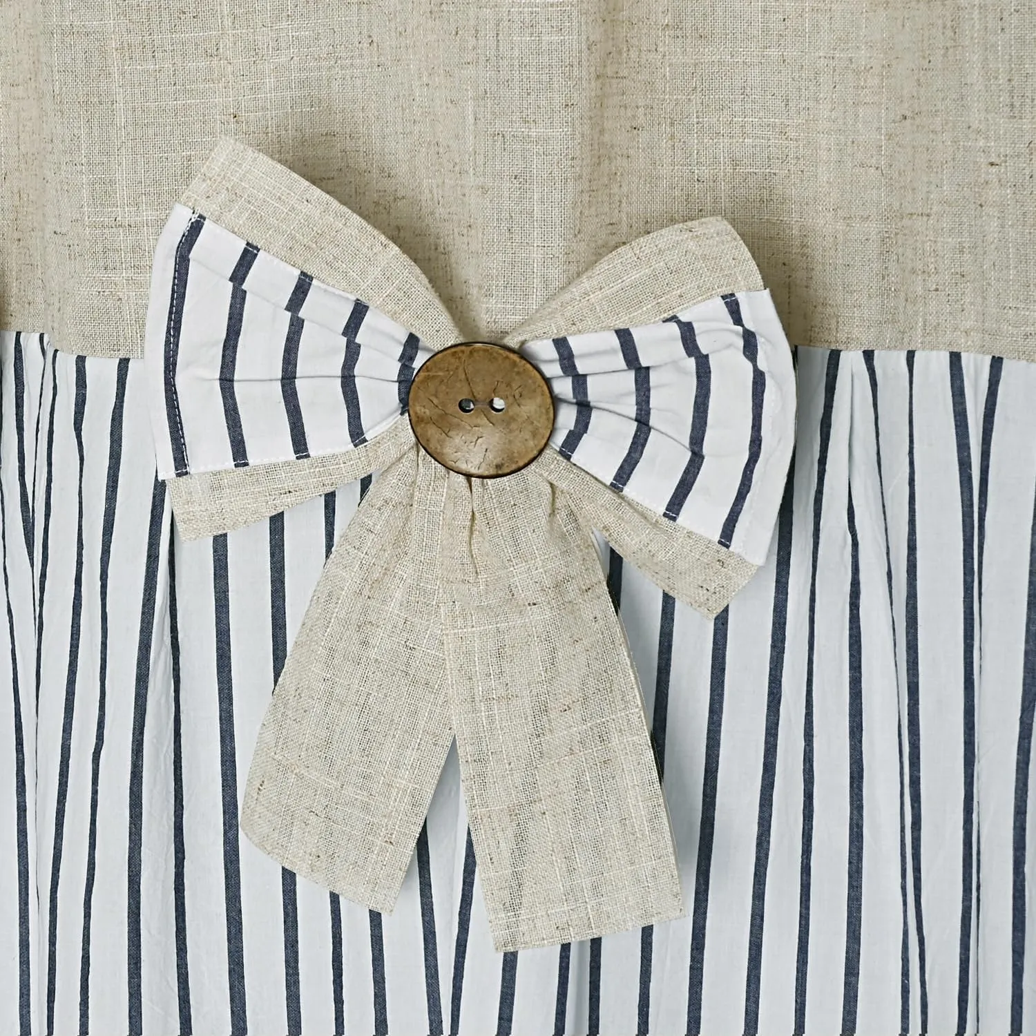 Linen Button Farmhouse Beige Shower Curtain,Bowknot,Linen and Cotton Woven Fabric,Pleated Blue Stripe,Country Style,72x72 in