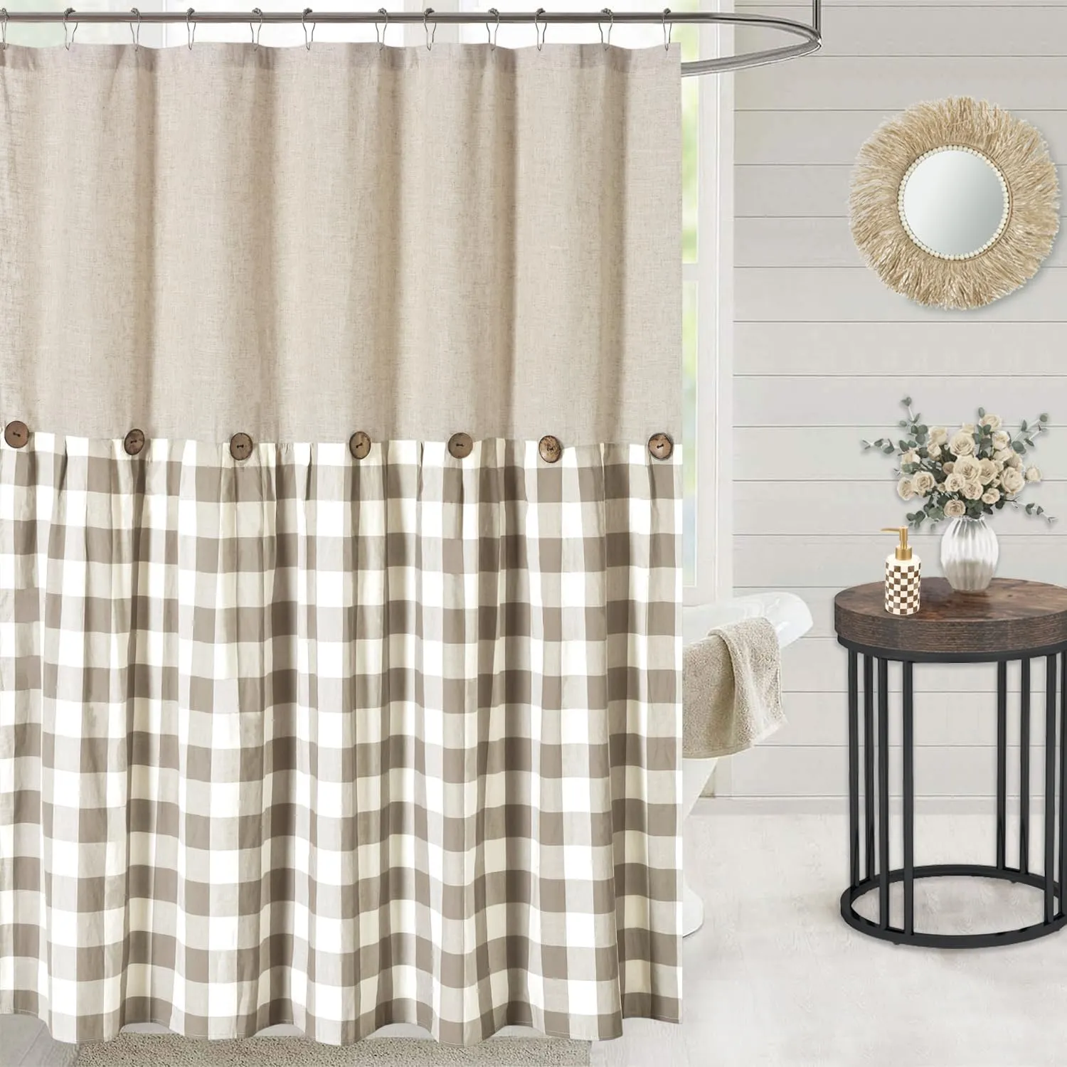 Linen Button Farmhouse Shower Curtain,Linen and Cotton Fabric,Pleated Brown and Beige Plaid Checked Pattern,Country Style,72x72 in