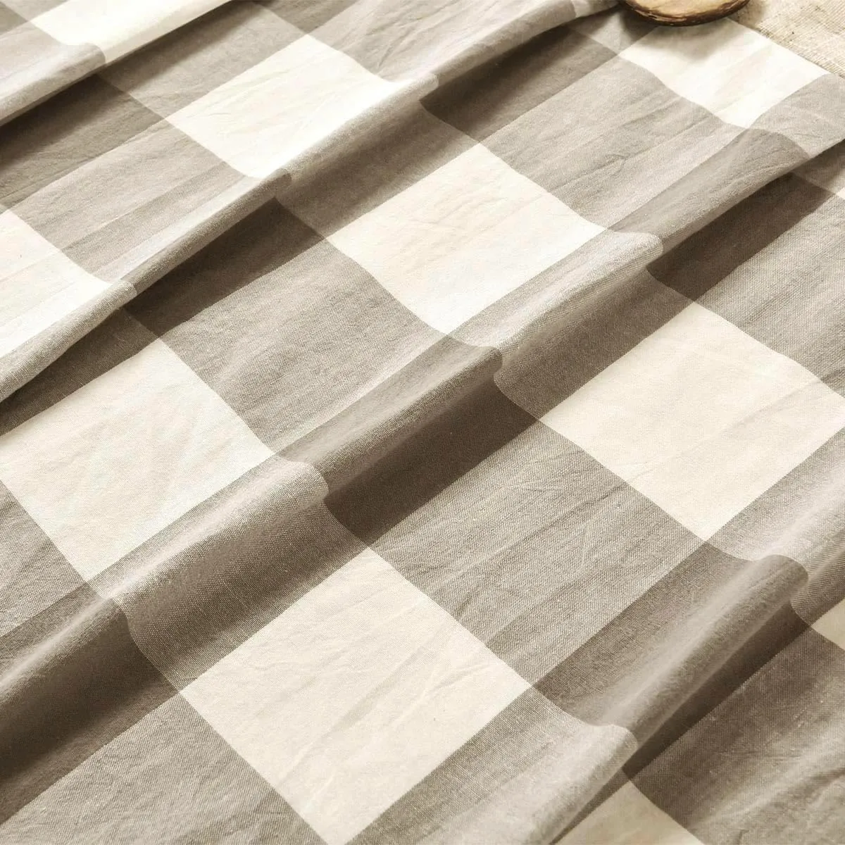 Linen Button Farmhouse Shower Curtain,Linen and Cotton Fabric,Pleated Brown and Beige Plaid Checked Pattern,Country Style,72x72 in