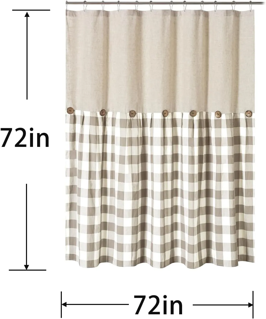 Linen Button Farmhouse Shower Curtain,Linen and Cotton Fabric,Pleated Brown and Beige Plaid Checked Pattern,Country Style,72x72 in