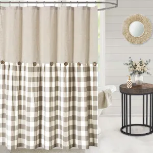 Linen Button Farmhouse Shower Curtain,Linen and Cotton Fabric,Pleated Brown and Beige Plaid Checked Pattern,Country Style,72x72 in