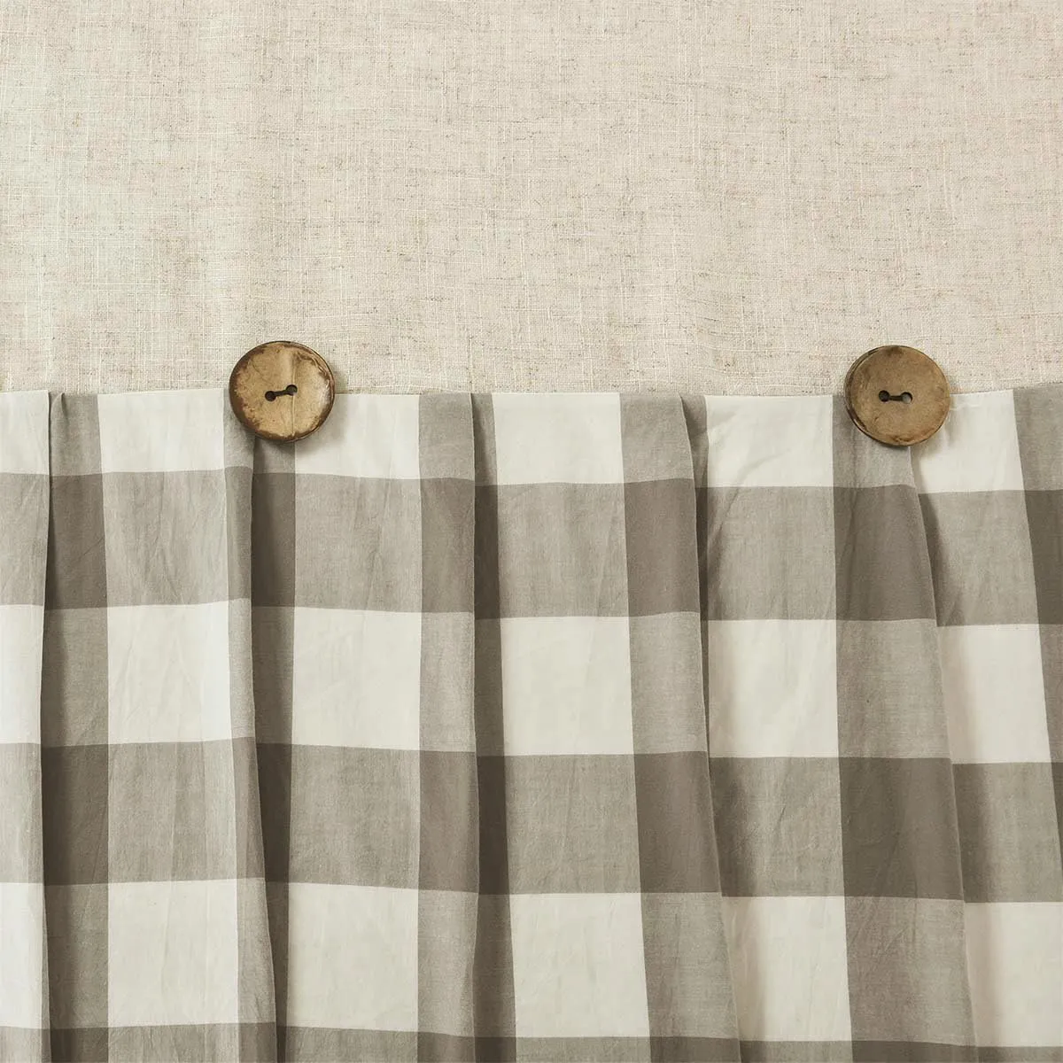 Linen Button Farmhouse Shower Curtain,Linen and Cotton Fabric,Pleated Brown and Beige Plaid Checked Pattern,Country Style,72x72 in