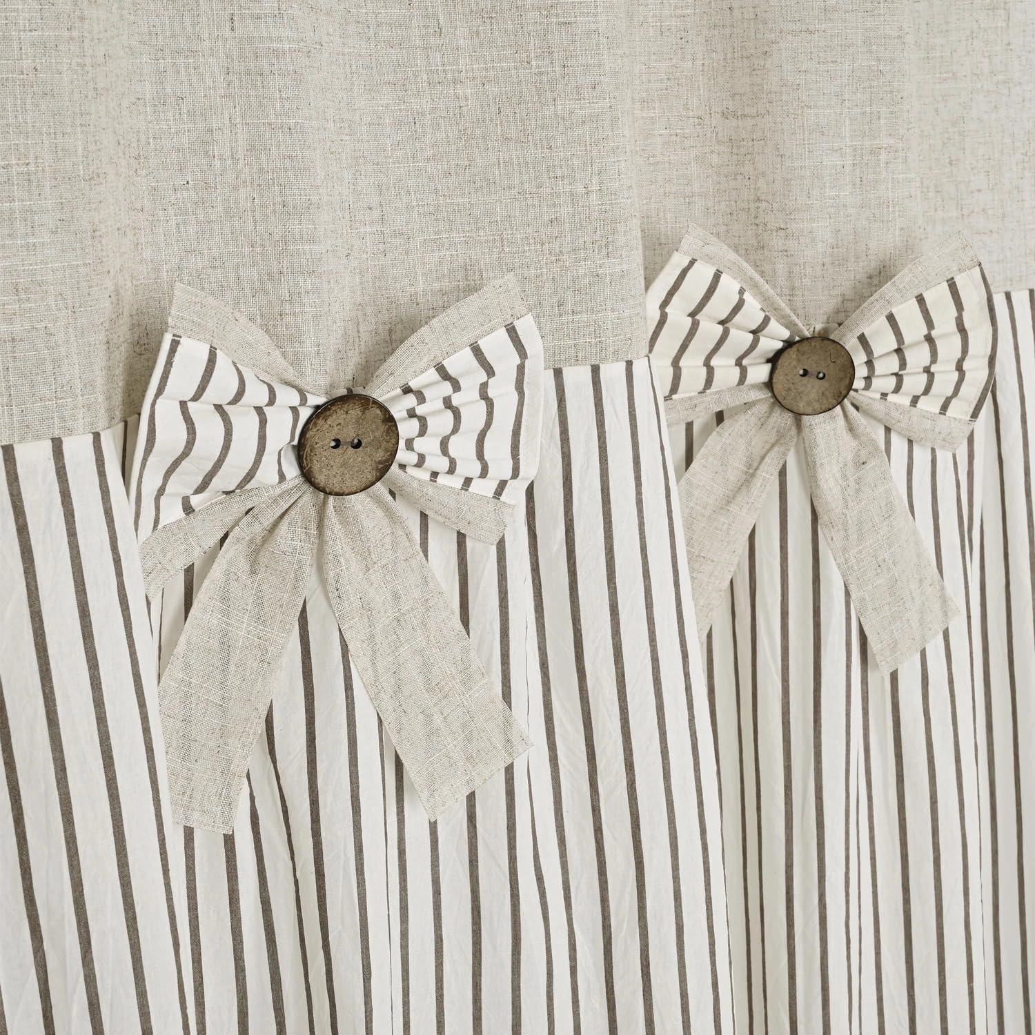 Linen Button Farmhouse Beige Shower Curtain,Bowknot,Linen and Cotton Woven Fabric,Pleated Brown Stripe,Country Style,72x72 in