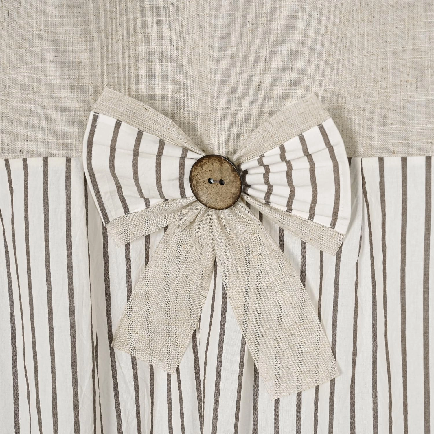 Linen Button Farmhouse Beige Shower Curtain,Bowknot,Linen and Cotton Woven Fabric,Pleated Brown Stripe,Country Style,72x72 in