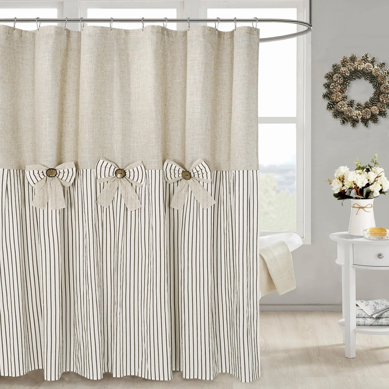 Linen Button Farmhouse Beige Shower Curtain,Bowknot,Linen and Cotton Woven Fabric,Pleated Brown Stripe,Country Style,72x72 in