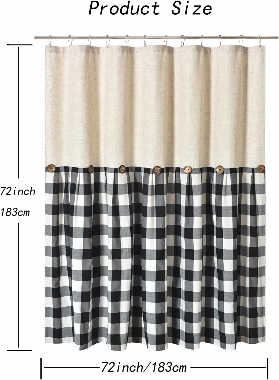 Linen Button Farmhouse Shower Curtain,Linen and Cotton Fabric,Pleated Black and White Buffalo Plaid Checked Pattern,Country Style,72x72 in