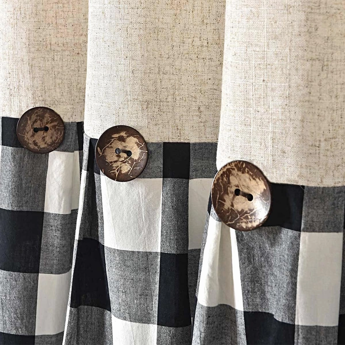 Linen Button Farmhouse Shower Curtain,Linen and Cotton Fabric,Pleated Black and White Buffalo Plaid Checked Pattern,Country Style,72x72 in