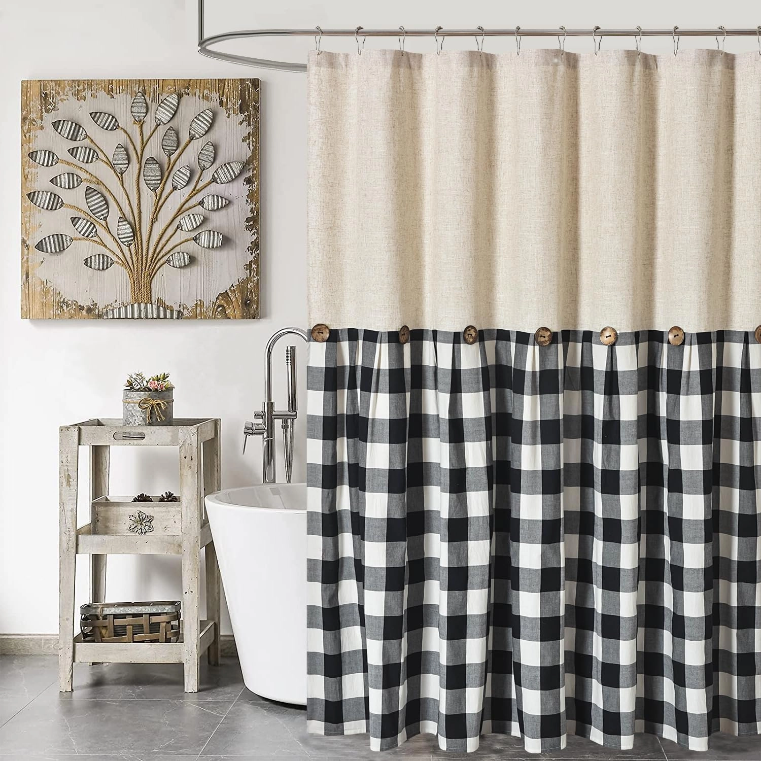 Linen Button Farmhouse Shower Curtain,Linen and Cotton Fabric,Pleated Black and White Buffalo Plaid Checked Pattern,Country Style,72x72 in