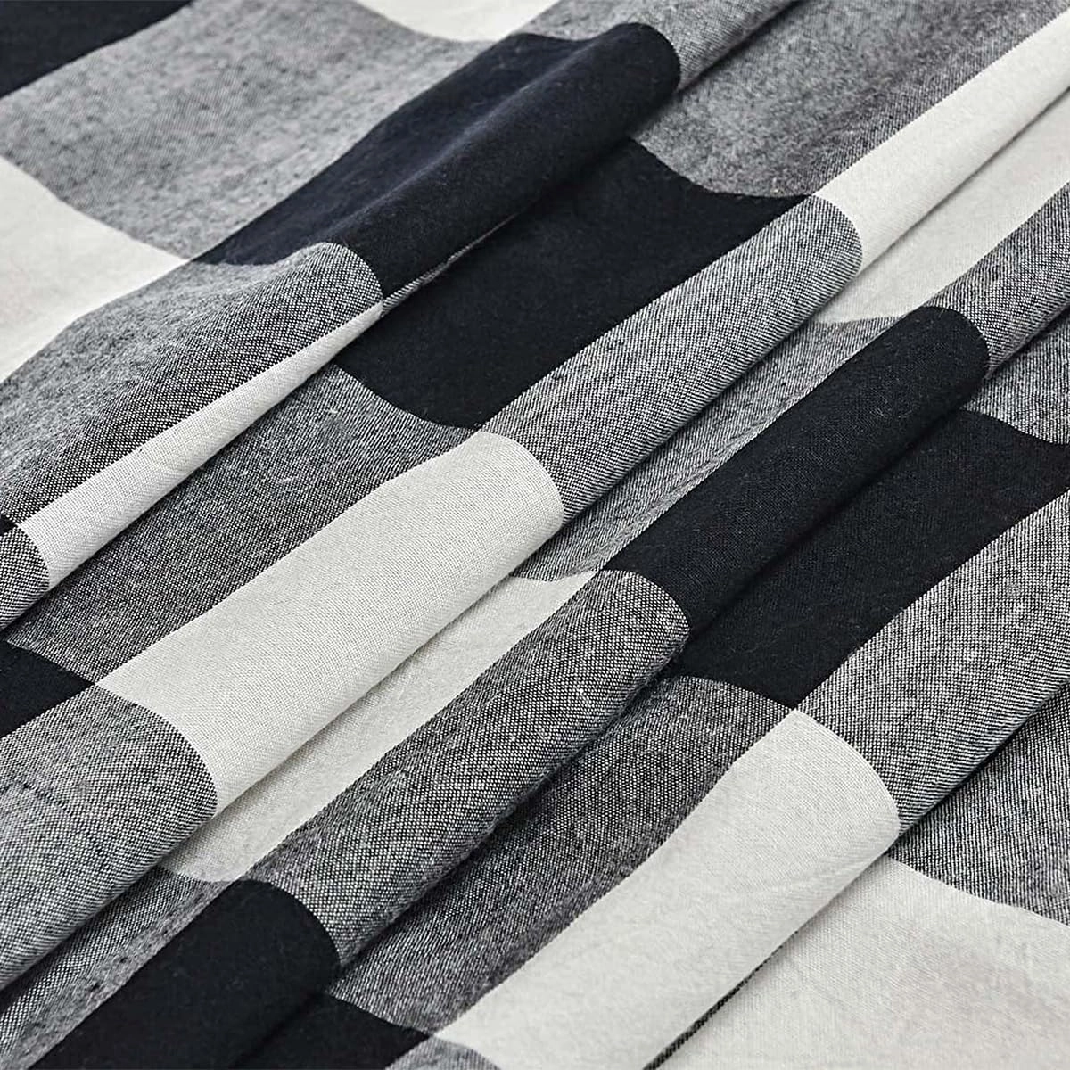 Linen Button Farmhouse Shower Curtain,Linen and Cotton Fabric,Pleated Black and White Buffalo Plaid Checked Pattern,Country Style,72x72 in