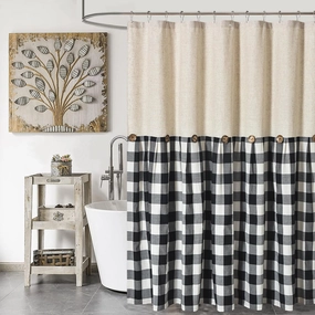 Linen Button Farmhouse Shower Curtain,Linen and Cotton Fabric,Pleated Black and White Buffalo Plaid Checked Pattern,Country Style,72x72 in