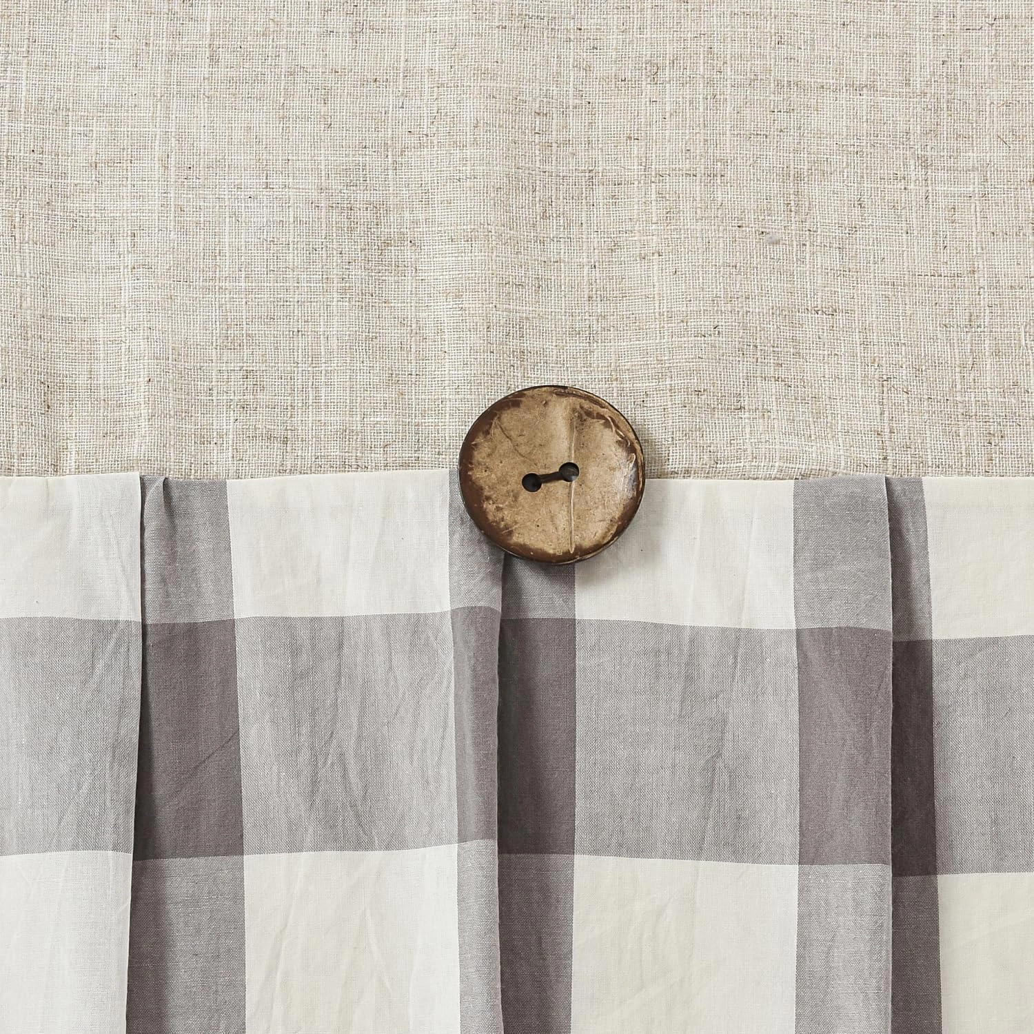 Linen Button Farmhouse Shower Curtain,Linen and Cotton Fabric,Pleated Gray and White Buffalo Plaid Checked Pattern,Country Style,72x72 in