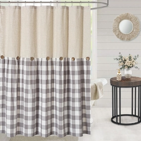 Linen Button Farmhouse Shower Curtain,Linen and Cotton Fabric,Pleated Gray and White Buffalo Plaid Checked Pattern,Country Style,72x72 in