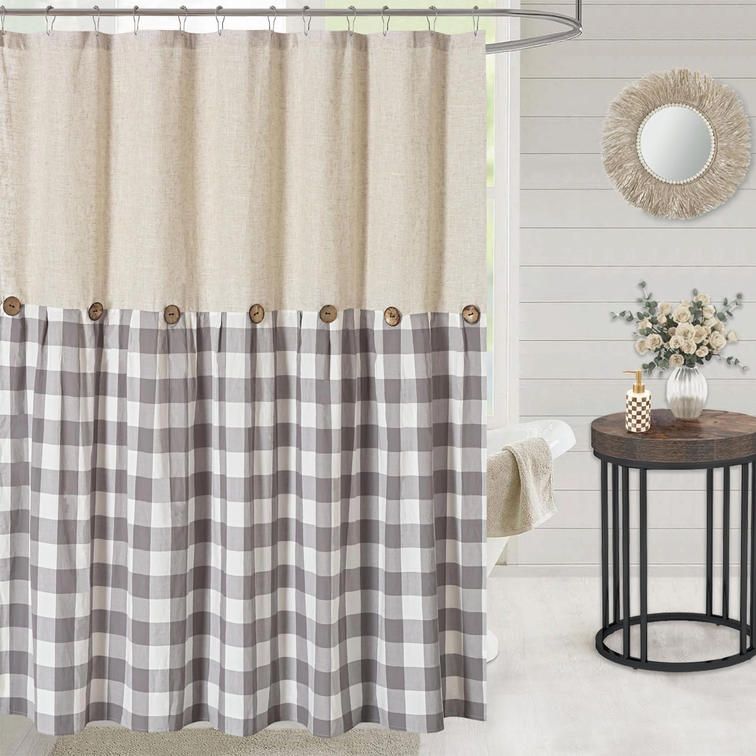 Linen Button Farmhouse Shower Curtain,Linen and Cotton Fabric,Pleated Gray and White Buffalo Plaid Checked Pattern,Country Style,72x72 in