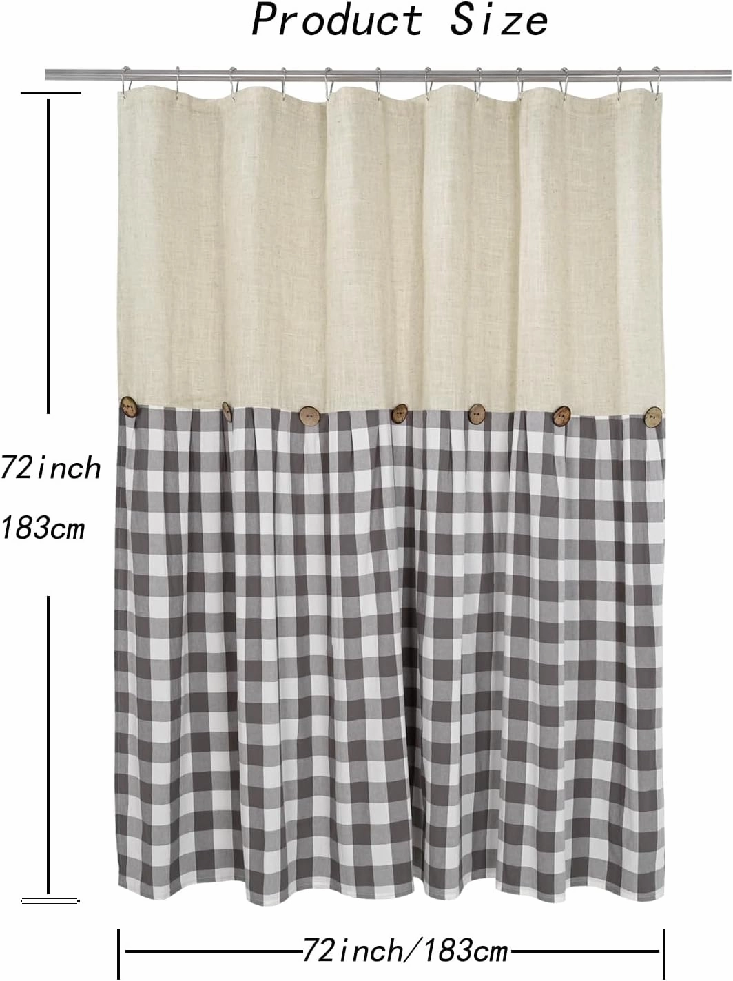 Linen Button Farmhouse Shower Curtain,Linen and Cotton Fabric,Pleated Gray and White Buffalo Plaid Checked Pattern,Country Style,72x72 in