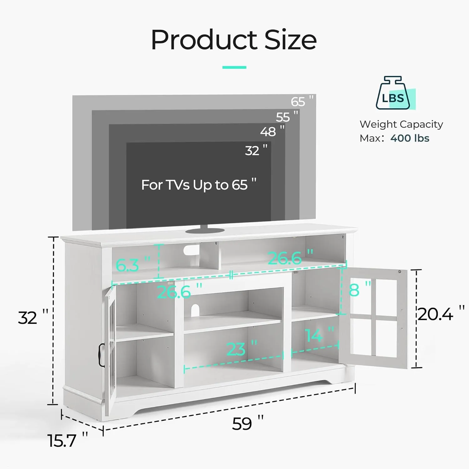 LINSY HOME TV Stand for 65 Inch TV, 32" Tall Entertainment Center with LED Lights and Glass Door Storage Cabinet, Modern Farmhouse Wood TV Media Console Table for Living Room, Bedroom, White