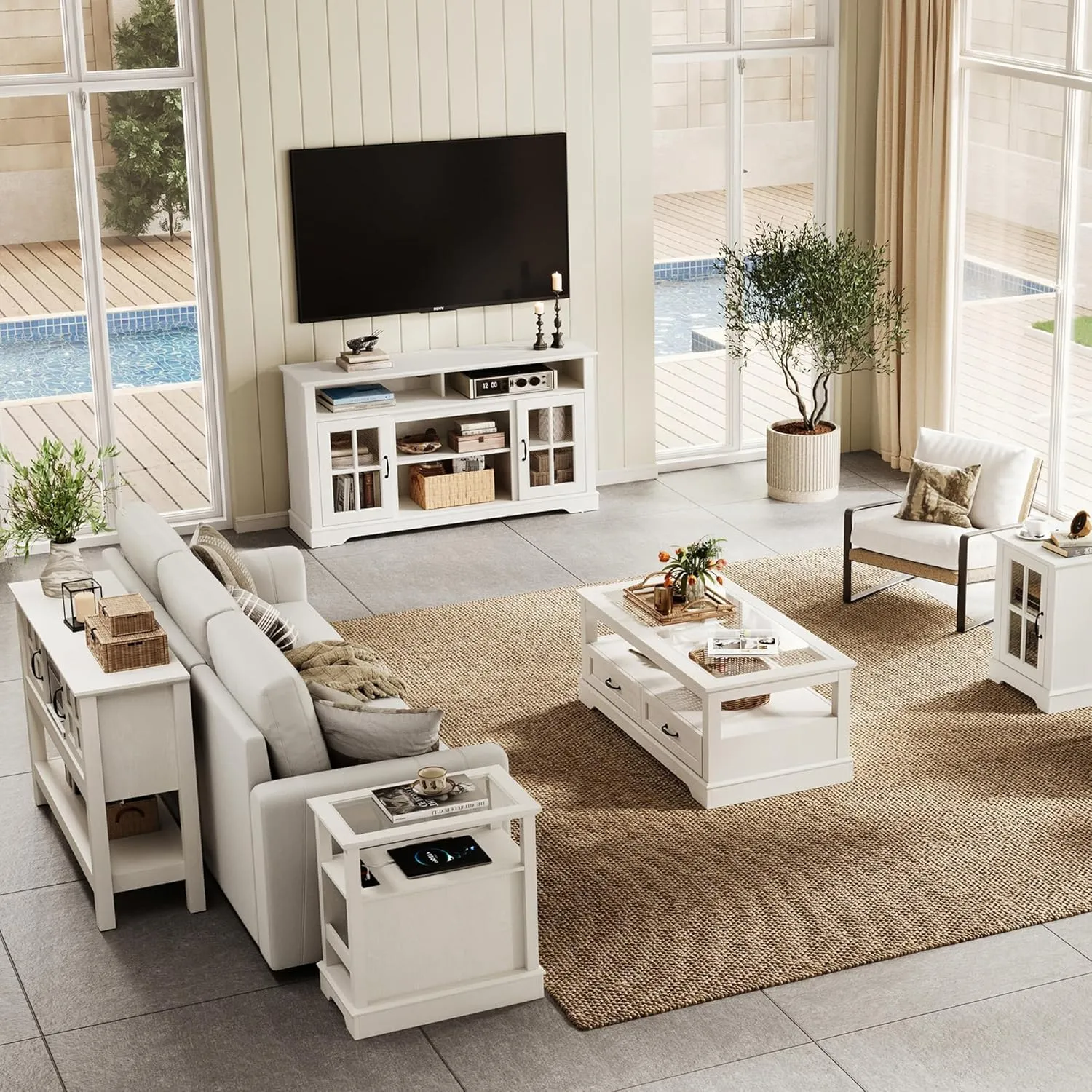 LINSY HOME TV Stand for 65 Inch TV, 32" Tall Entertainment Center with LED Lights and Glass Door Storage Cabinet, Modern Farmhouse Wood TV Media Console Table for Living Room, Bedroom, White