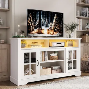 LINSY HOME TV Stand for 65 Inch TV, 32" Tall Entertainment Center with LED Lights and Glass Door Storage Cabinet, Modern Farmhouse Wood TV Media Console Table for Living Room, Bedroom, White