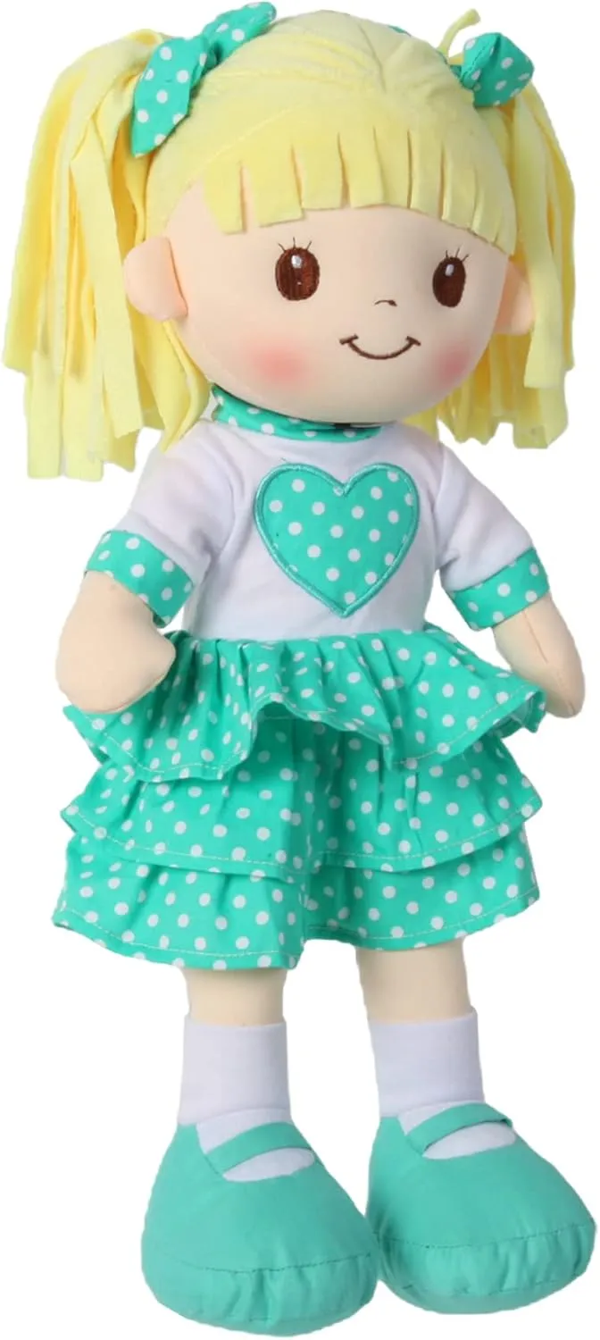 Linzy Toys, 16" Little Sweet Hearts Interactive Soft Plush RAG Doll, Embroidered FACE & Removable Clothes, Educational Doll, Muñecas de trapo para niña,Turquoise,90961-TURQUOISE