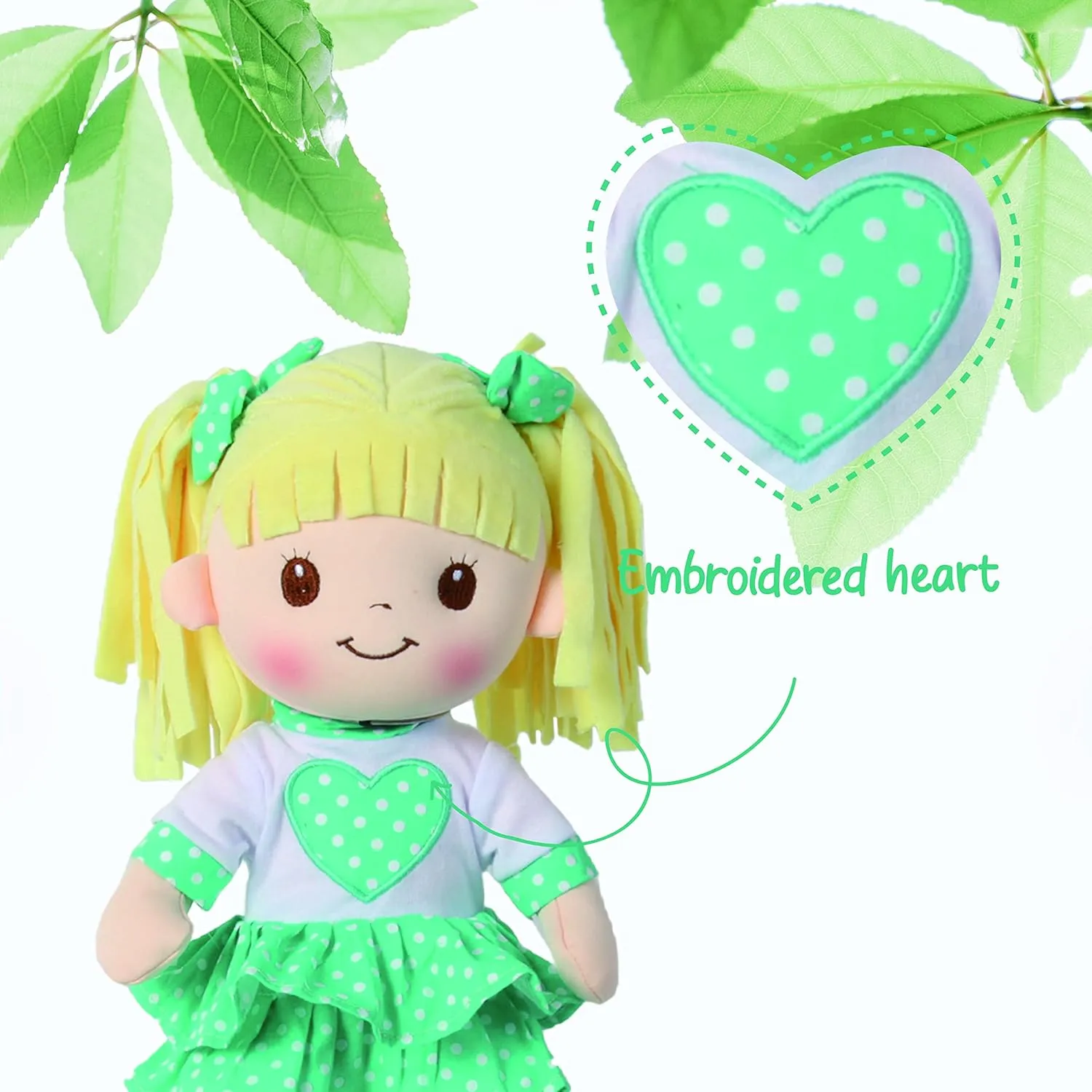 Linzy Toys, 16" Little Sweet Hearts Interactive Soft Plush RAG Doll, Embroidered FACE & Removable Clothes, Educational Doll, Muñecas de trapo para niña,Turquoise,90961-TURQUOISE