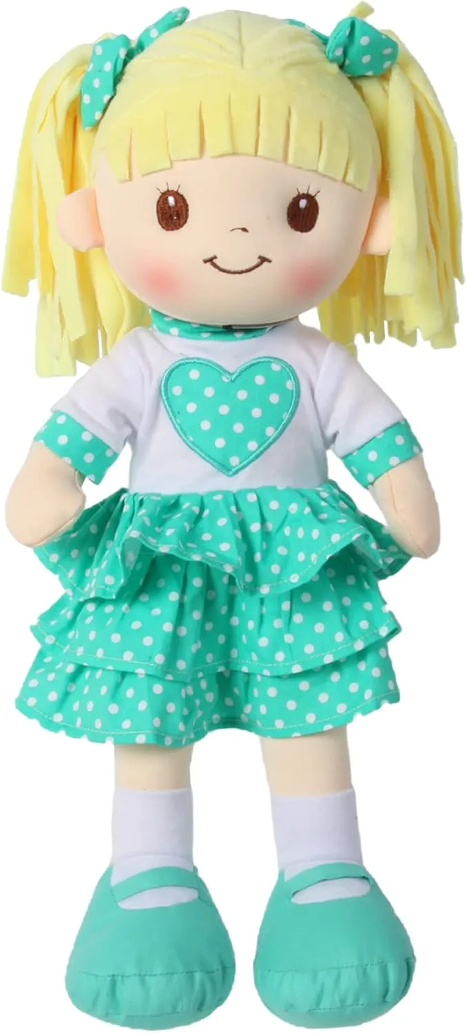 Linzy Toys, 16" Little Sweet Hearts Interactive Soft Plush RAG Doll, Embroidered FACE & Removable Clothes, Educational Doll, Muñecas de trapo para niña,Turquoise,90961-TURQUOISE