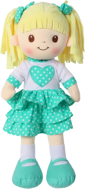 Linzy Toys, 16" Little Sweet Hearts Interactive Soft Plush RAG Doll, Embroidered FACE & Removable Clothes, Educational Doll, Muñecas de trapo para niña,Turquoise,90961-TURQUOISE