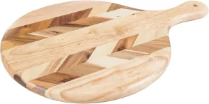 Lipper International Acacia and Rubberwood Herringbone Round Charcuterie Paddleboard for Hors D’oeuvres, Cheeses, Meats or Snacks, 16 1/2 x 11 1/2" x 3/4"