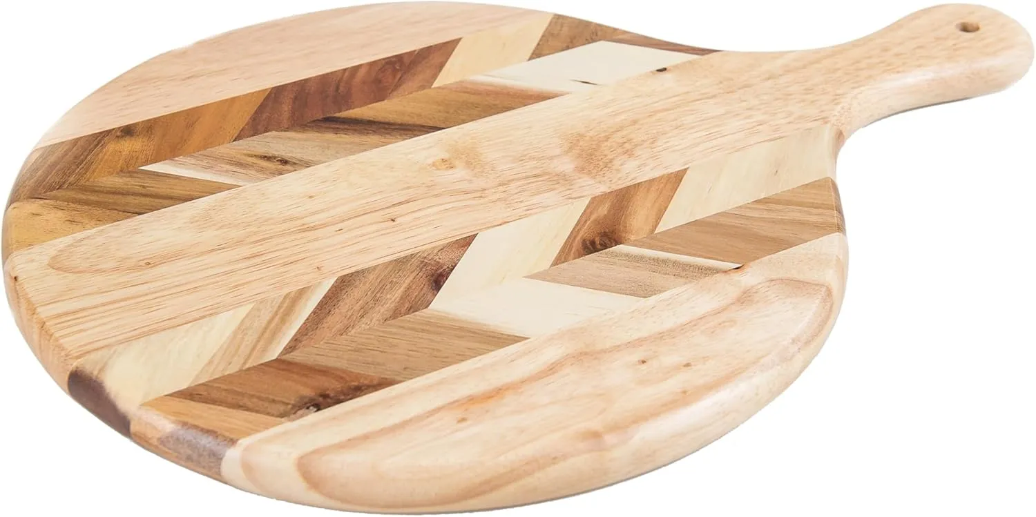 Lipper International Acacia and Rubberwood Herringbone Round Charcuterie Paddleboard for Hors D’oeuvres, Cheeses, Meats or Snacks, 16 1/2 x 11 1/2" x 3/4"
