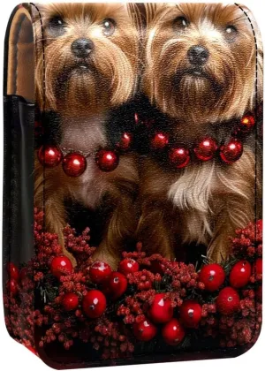 Lipstick Case,Leather Lip Gloss Lipstick Organizer with Mirror,Mini Lipstick Holder Bag,Dog Christmas Pet