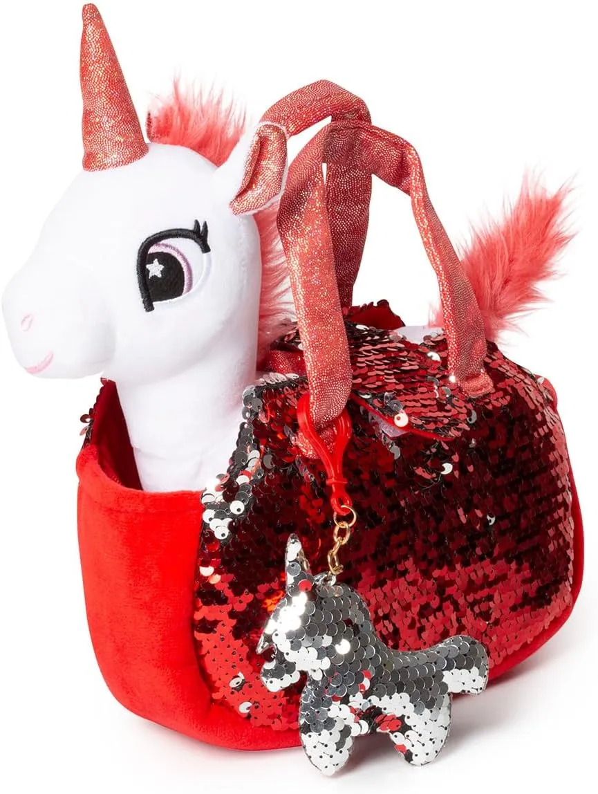 Little Jupiter Plush Pet Set w/Purse - Unicorn Stuffed Animals for Girls - Stuffed Unicorns - Gift for Age 4-7 yrs (White Red Unicorn)