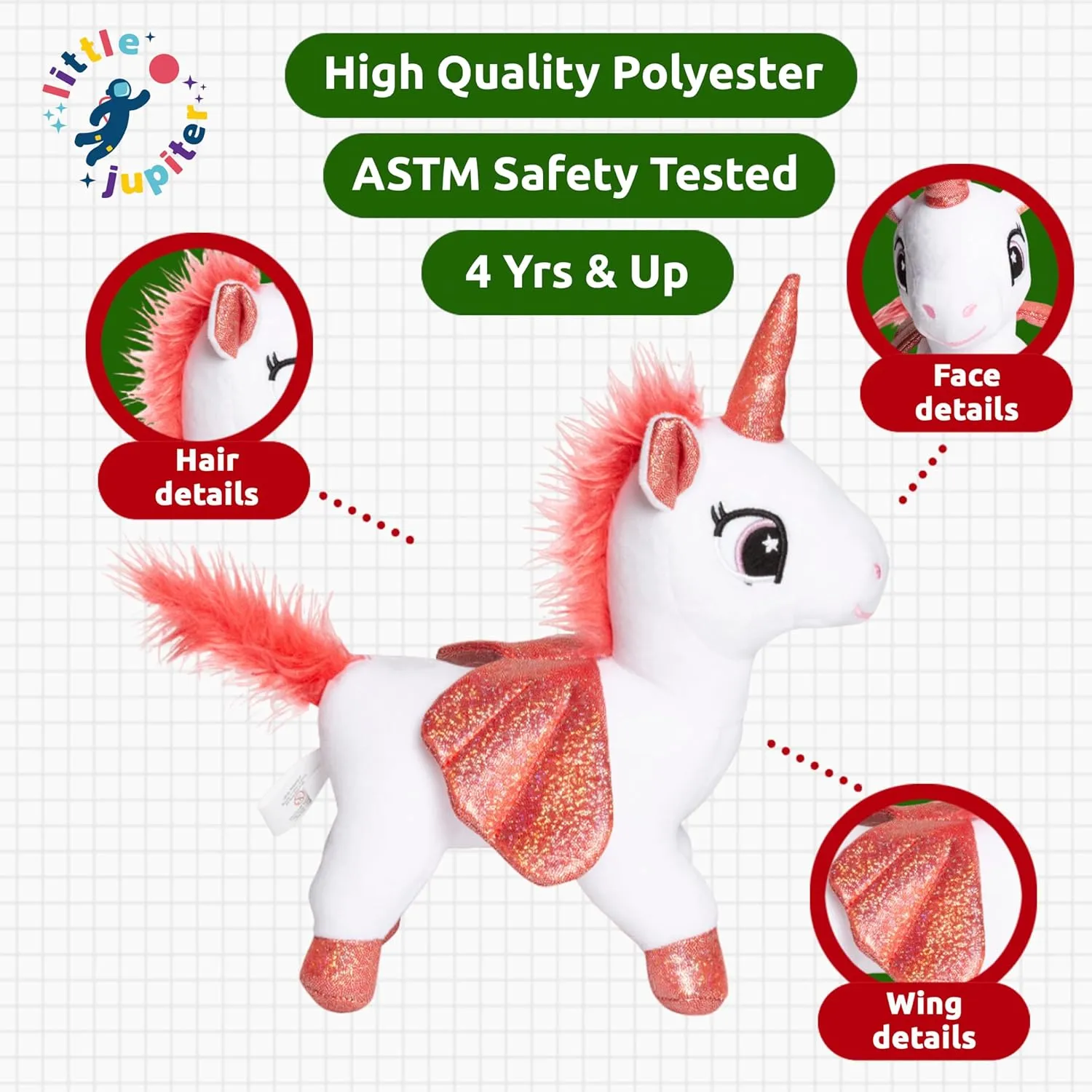 Little Jupiter Plush Pet Set w/Purse - Unicorn Stuffed Animals for Girls - Stuffed Unicorns - Gift for Age 4-7 yrs (White Red Unicorn)