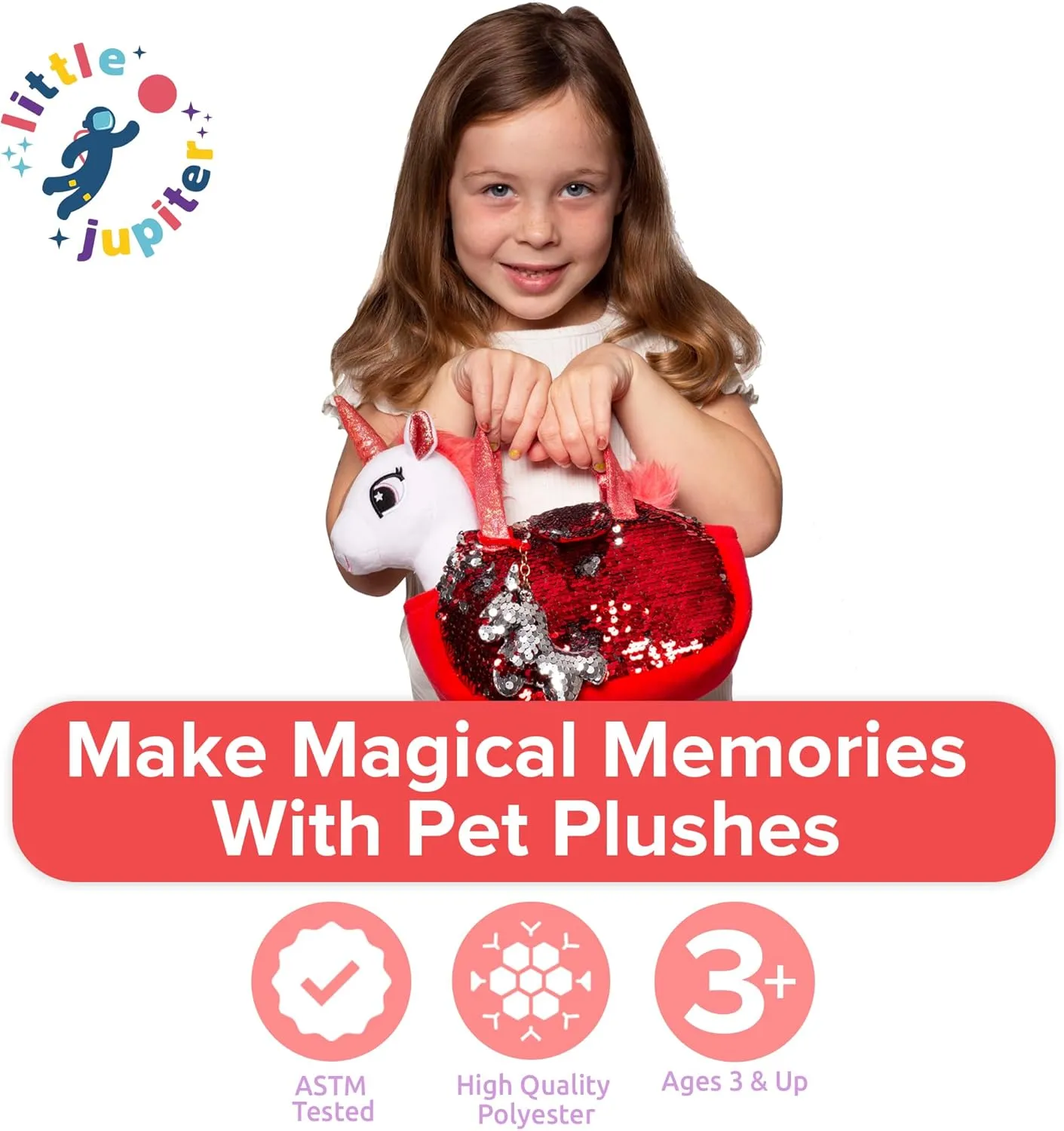 Little Jupiter Plush Pet Set w/Purse - Unicorn Stuffed Animals for Girls - Stuffed Unicorns - Gift for Age 4-7 yrs (White Red Unicorn)
