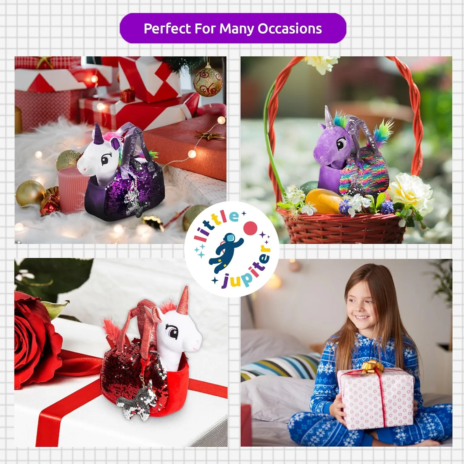 Little Jupiter Plush Pet Set w/Purse - Unicorn Stuffed Animals for Girls - Stuffed Unicorns - Gift for Age 4-7 yrs (White Red Unicorn)