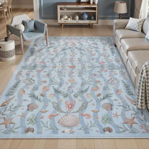 LIVEBOX Vintage Coastal Machine Washable 5x7 Area Rugs for Living Room, Non Slip Soft Low Pile Farmhouse Ocean Beach Kids Rugs for Bedroom Indoor, Carpet Rugs for Dining Room(Light Blue,5x7ft)