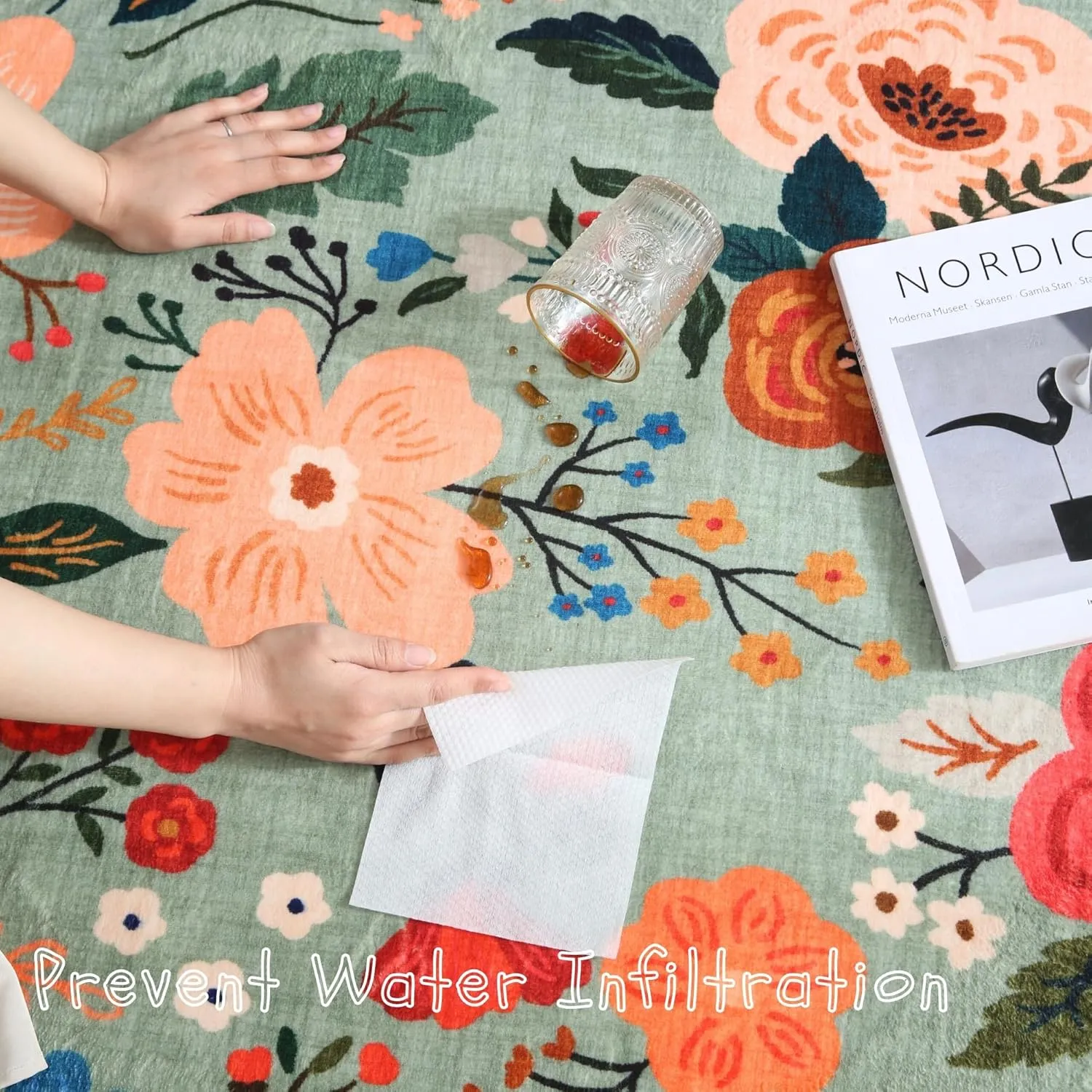 Living Room Rug 6x9 Rug Machine Washable Boho Area Rug Non Slip Floral Vintage Low Pile Large Rug for Living Room, Bedroom, Farmhouse, Dining Room, Kids Playroom(Green)