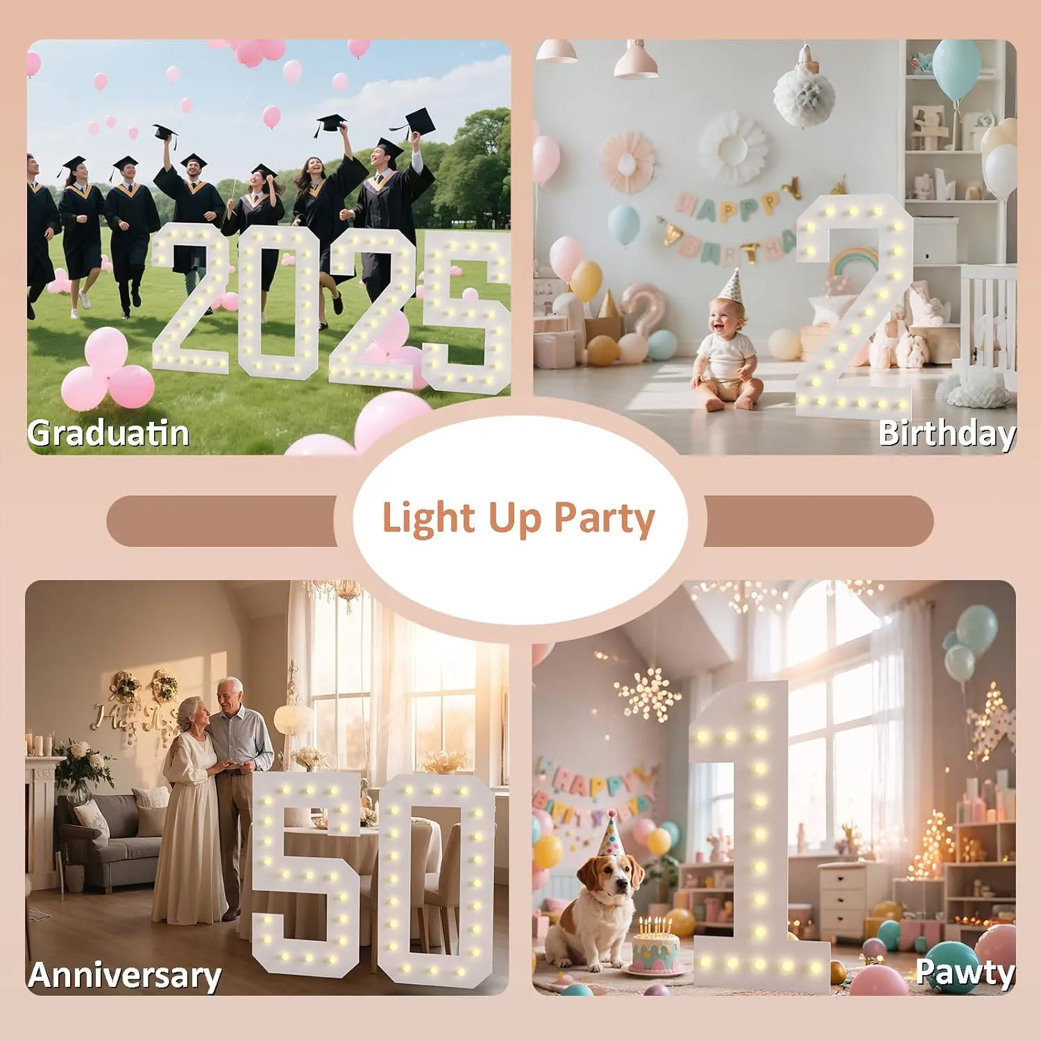 LOBOOM 4FT Light Up Numbers, Marquee Numbers 4 Feet Tall Giant Number 6 Mosaic Big Number Sign for 6th 16th 60th Birthday Party Backdrop Anniversary Decorations, Pre-Cut Large Frame