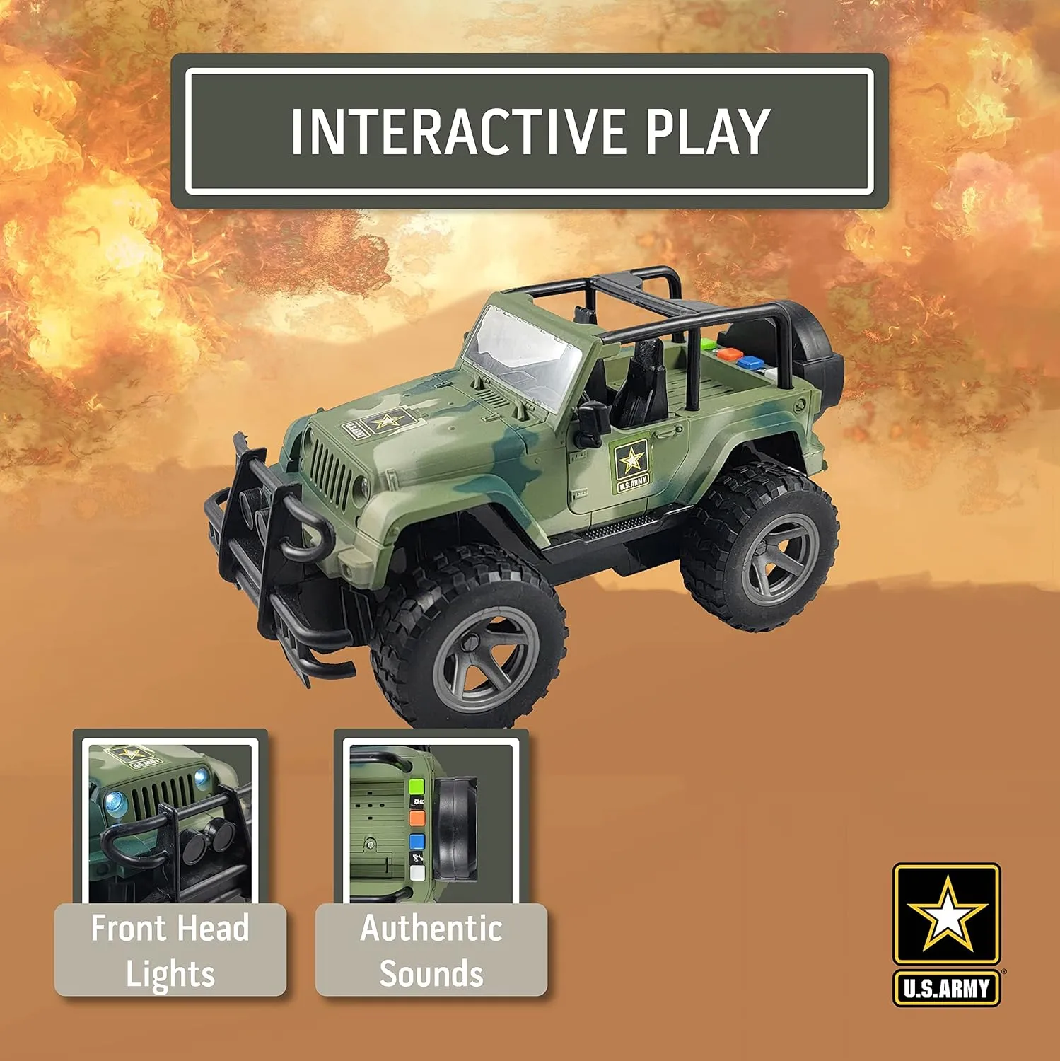 Lollipop United States Army Friction Powered 1/16 Model Off Road Vehicle w/Car Light & Sound, Push & Go Toy Rescue Battle Truck Military Toys 3  yrs old