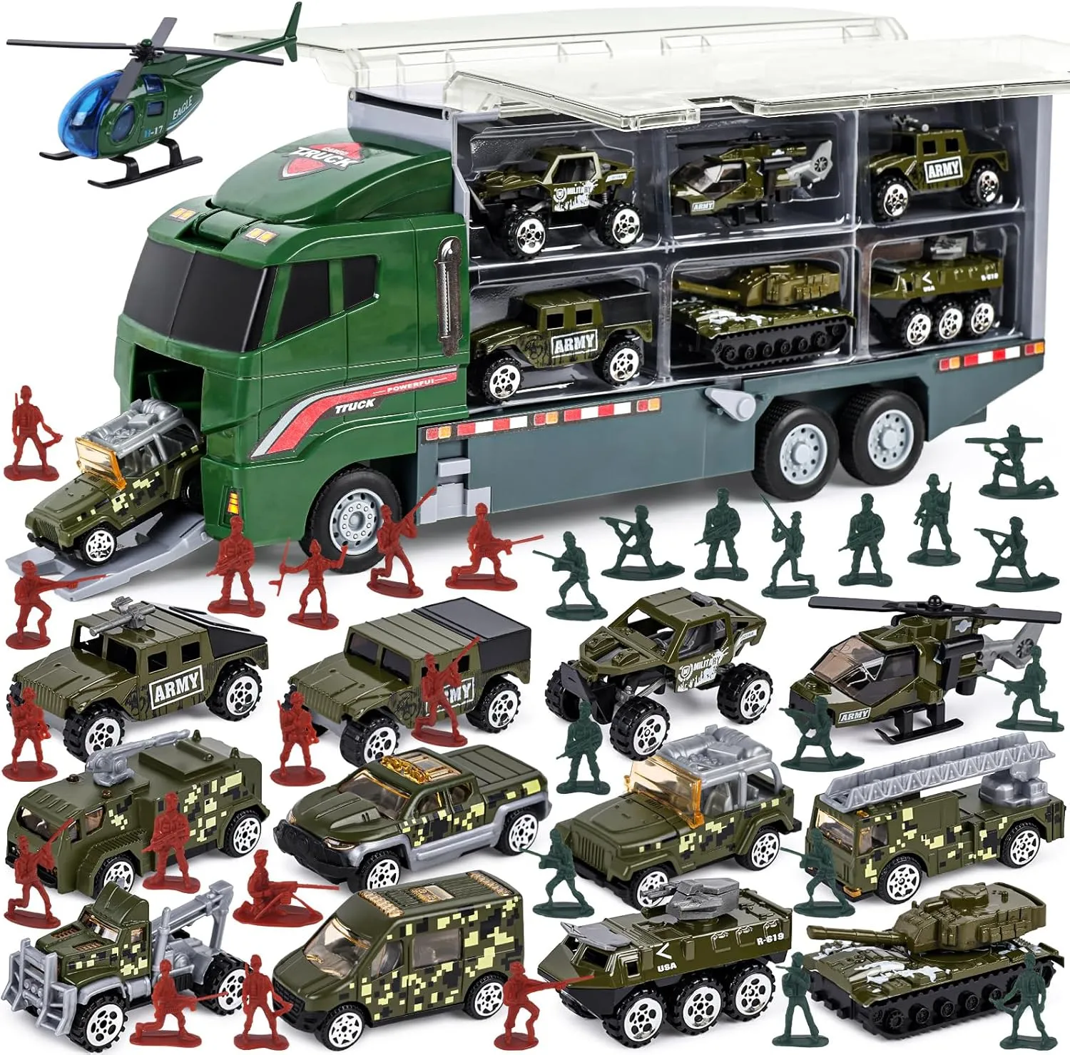 LovesTown 44PCS Large Military Truck Set, 13PCS Mini Die-cast Military Toy Cars in Carrier Truck with 30PCS Army Men Toy Soldiers for Kids Boys Birthday Party Favors