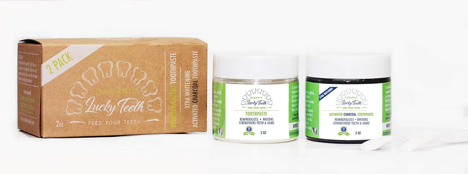 Lucky Teeth Organic Toothpaste- Mixed -Charcoal   Regular (White) -All Natural, Remineralizes and Fortifies Teeth and Gums. (2 Bottles) (2 OZ PET Plastic)