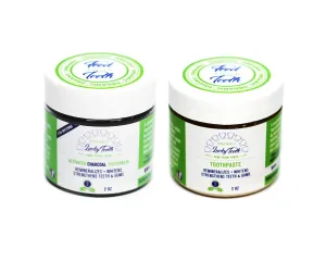 Lucky Teeth Organic Toothpaste- Mixed -Charcoal   Regular (White) -All Natural, Remineralizes and Fortifies Teeth and Gums. (2 Bottles) (2 OZ PET Plastic)