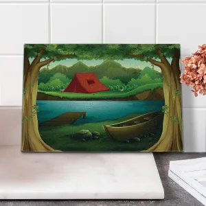 Lunarable Camping Cutting Board, Idyllic Nature Scene of a Deep Forest with Lake and Mountains Cartoon Woodland, Decorative Tempered Glass Cutting and Serving Board, Small Size, Multicolor