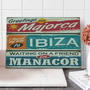 Lunarable Ibiza Cutting Board, Vacation Themed Majorca Ibiza and Manacor Exotic Places from Balear Region Spain, Decorative Tempered Glass Cutting and Serving Board, Large Size, Multicolor