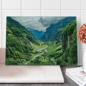 Lunarable Landscape Cutting Board, Valley Mountain Tree Mist Waterfall Canyon Alpine Landscape Nature Theme, Decorative Tempered Glass Cutting and Serving Board, Large Size, Green Blue White
