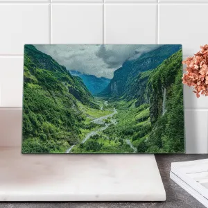 Lunarable Landscape Cutting Board, Valley Mountain Tree Mist Waterfall Canyon Alpine Landscape Nature Theme, Decorative Tempered Glass Cutting and Serving Board, Small Size, Green Blue White