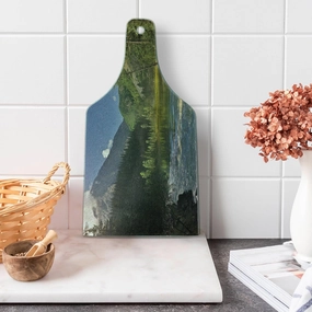 Lunarable Landscape Cutting Board, Mountain Lake West Siberia Altai Mountains Katun Ridge Alpine Forest Morning View, Decorative Tempered Glass Cutting and Serving Board, Wine Bottle Shape, Green Blue