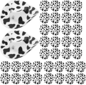 LUOZZY 40PCS Mini Western Cowboy Hat Mini Cow Print Hat Tiny Western Cowgirl Hat Plastic Doll Hats Miniature Black White Cow Hat Cupcake Topper Dollhouse Decoration