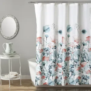 Lush Decor Zuri Flora Shower Curtain - Fabric Watercolor Floral Print Design, 72” x 72”, Blue and Coral