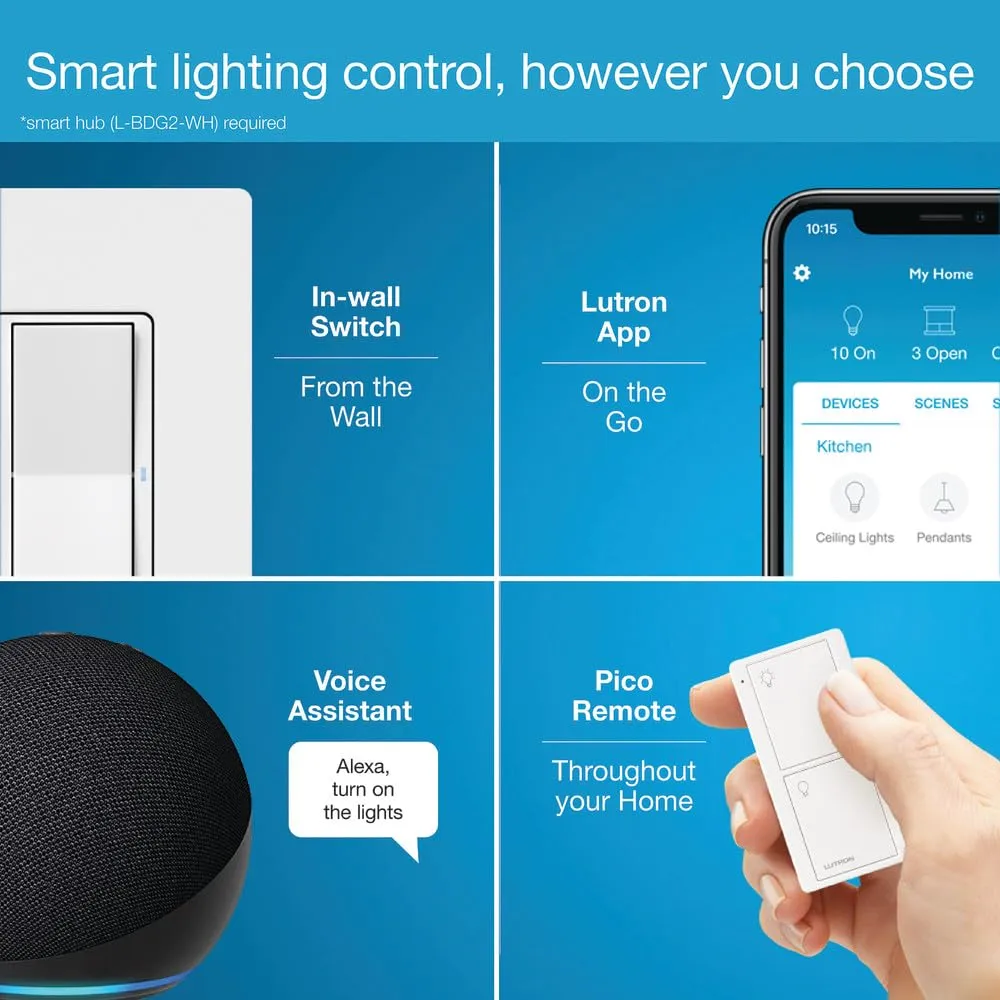 Lutron Claro Smart Switch for Caseta Smart Lighting (Lutron Smart Hub Required), for LED Lights and Fans, 5 Amp, Single-Pole/3-Way, Neutral Required, DVRF-5NS-GR, Gray