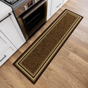 Machine Washable Bordered Design Non-Slip Rubberback 2x7 Traditional Runner Rug for Hallway, Kitchen, Bedroom, Living Room, 1'10" x 7', Brown